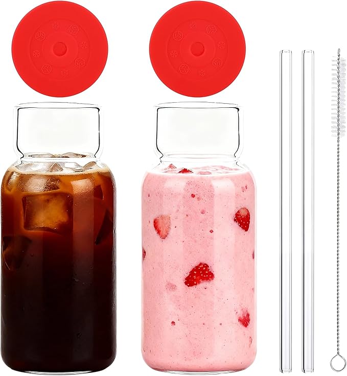 Glass Cup with Silicone Lid and Straw, 17 Oz Drinking Glasses Water Bottle Vintage Glassware for Iced Coffee, Juice, Cocktails, Whisky Tumbler for Gift 2 Pack