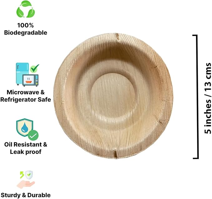 Harshu Areca Round Flatware - 20 Pack, Biodegradable Palm Leaf Plates, Eco-Friendly Disposable Tableware for Parties, Events, and Catering (Round Bowl, 5" (13cm) - 20 Pack)