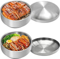 Stainless Steel Rice Bowl with Lid, Set of 2, for Korean Kitchen Restaurant, Double-walled Metal Bowls, Multi-Purpose Insulated Soup Bowls Snacks Bowls (13cm Silver)