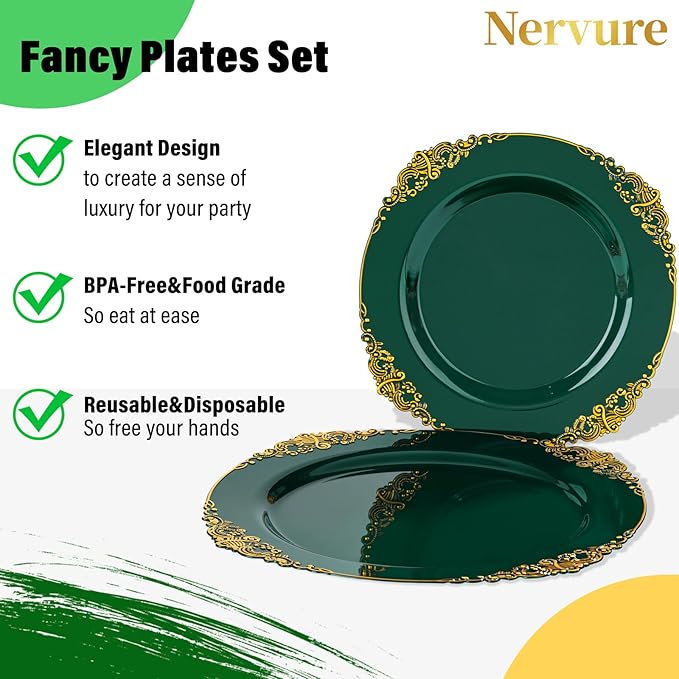 Nervure 100PCS Green and Gold Plastic Plates - 10.25inch Green Disposable Plates - Heavyweight Dinner Plate for Wedding & Party