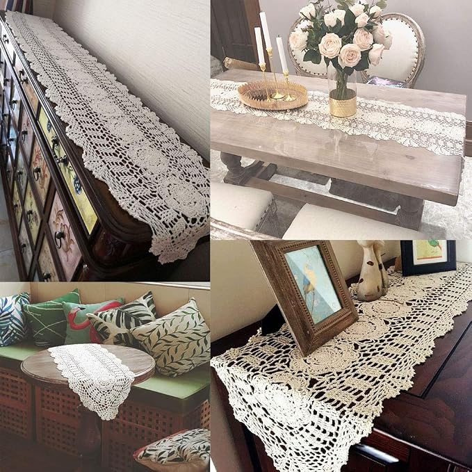Cotton Handmade Crochet Lace Oval Table Runner Wine Red 12x48 Inch - Image 3