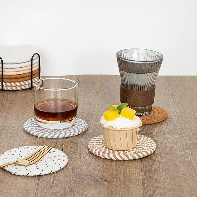 8 Pcs Drink Coasters with Holder, Handwoven Cotton Coasters Set Stackable Absorbent Minimalist Home Decor for Table, Cup, Mug (Black and Beige)