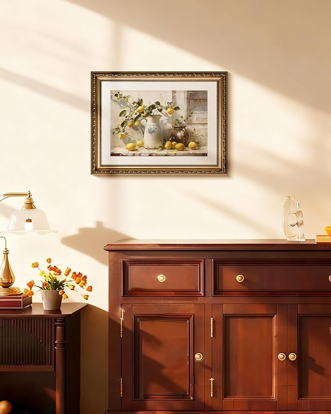 InSimSea Gold Framed Wall Art, Yellow Lemon Vintage Kitchen Wall Shelf Decor, Still Life Canvas Print Art, Dining Room Home Farmhouse Decor, Antique Paintings with Picture Frame 13x16inch