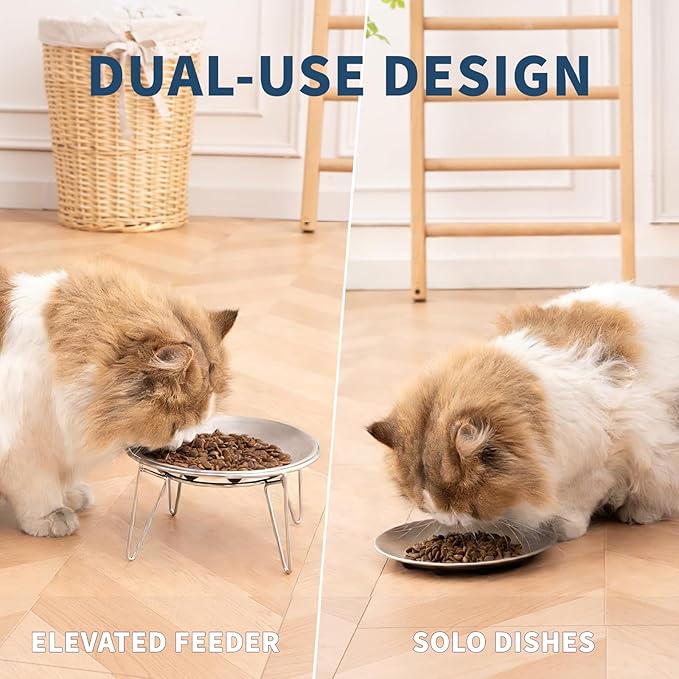 Elevated Cat Bowls, Separable Dishes for Solo Use, 304 Stainless Steel Raised Cats Plates for Wet Food, Extra Wide Shallow Design for Whisker Relief, Non-Slip Silicone Base Kitten Feeder, 2 Set