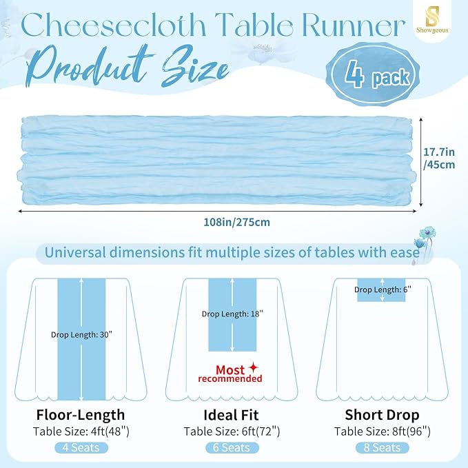 Showgeous 4 Pack Baby Blue Cheesecloth Table Runner, 17 x 108 Inches | Boho - Image 2