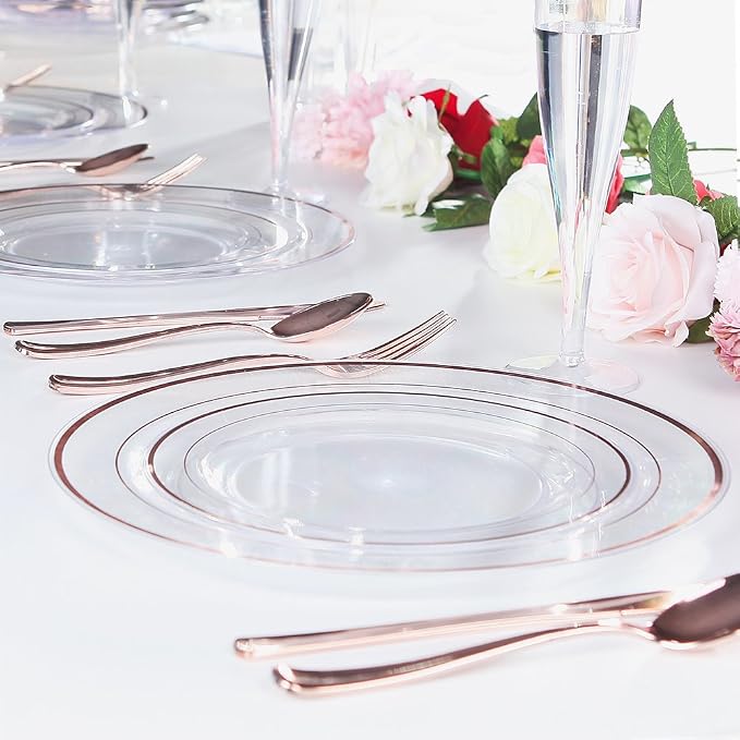 60 Pcs Rose Gold Plastic Plates, Disposable Party Set Include: 60 Clear Plastic - Image 6