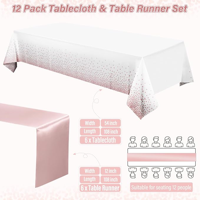 12 Pack Rose Gold Tablecloth and Table Runner Set Party Decorations - Image 2