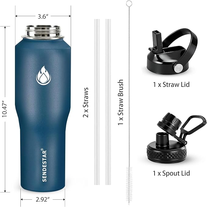 SENDESTAR Water Bottle 32oz, 2 Lids, Wide Mouth Stainless Steel Vacuum - Image 4