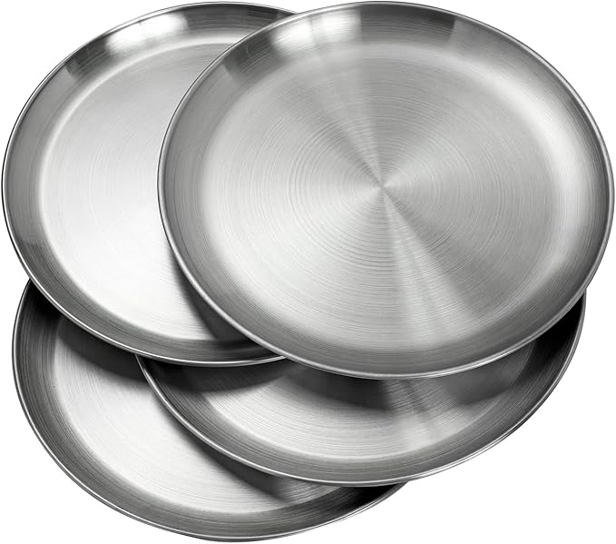 Stainless Steel Plates 10 inch Metal Lightweight Unbreakable Dinner Dishes Plates Set Non-Toxin Dishwasher Safe BPA Free and Healthy (4 Pcs)