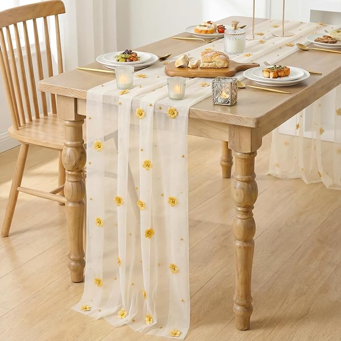 Artoid Mode Yellow Flower Pearl White Gauze Table Runner 10FT, Seasonal Sheer - Image 4