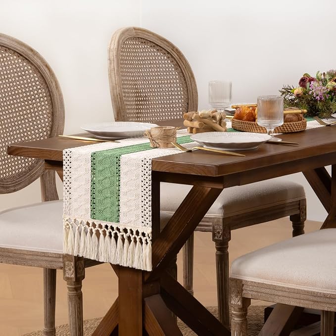 DeZerlor Ivory&Sage Green Boho Macrame Farmhouse Woven Table Runner 90Inch | - Image 3