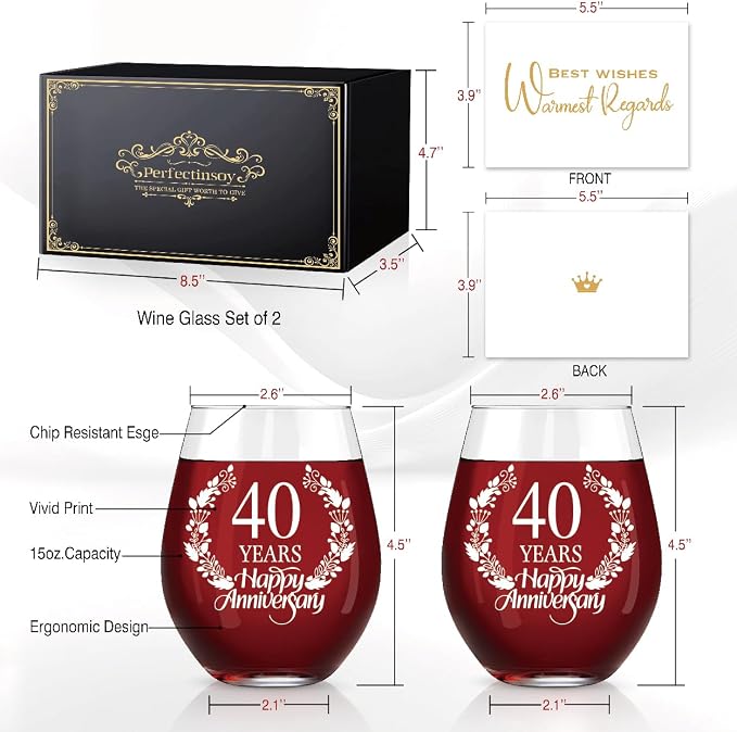 Perfectinsoy 40 Years Happy Anniversary Wine Glass Set of 2, 40th Anniversary - Image 2
