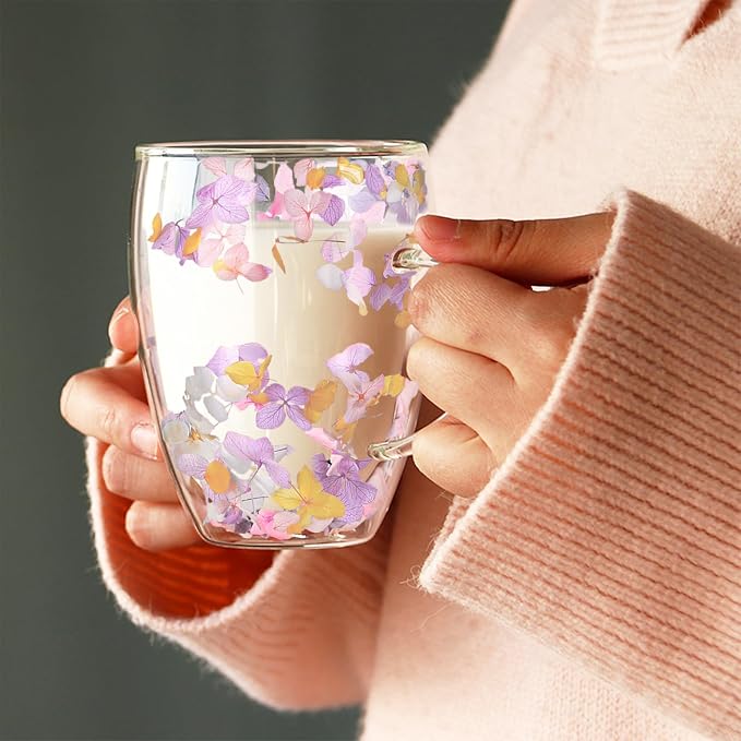Double Wall Glass Coffee Mugs, Aesthetic Dried Flowers Cups - Image 9