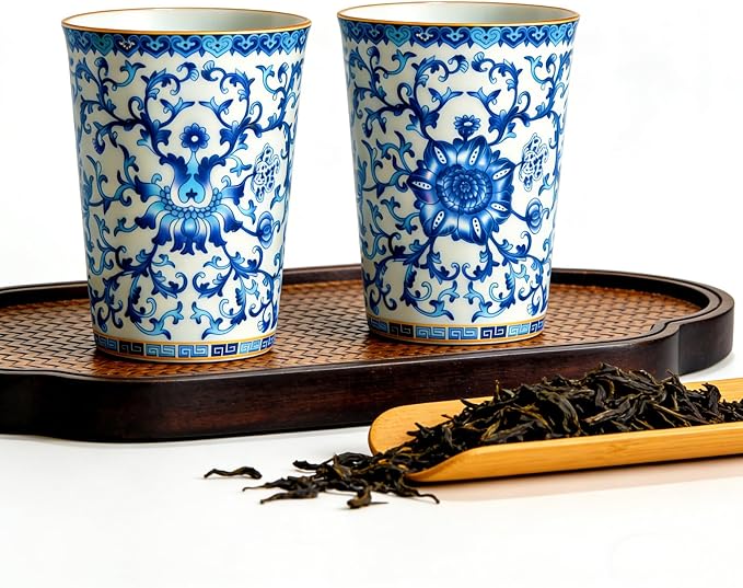 Blue and White Porcelain Coffee Cups, 9 oz Floral Tea Cups Set of 2 | No Handles - Image 7