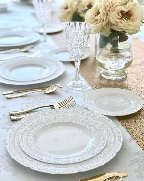 " OCCASIONS " 200pcs set (25 Guests)-Extra Heavyweight Vintage Wedding Disposable/Reusable Plastic Plates (25 x 11'' + 25 x 8.25'')+Silverware+12oz Cups+Napkins (Chateau Collection White)
