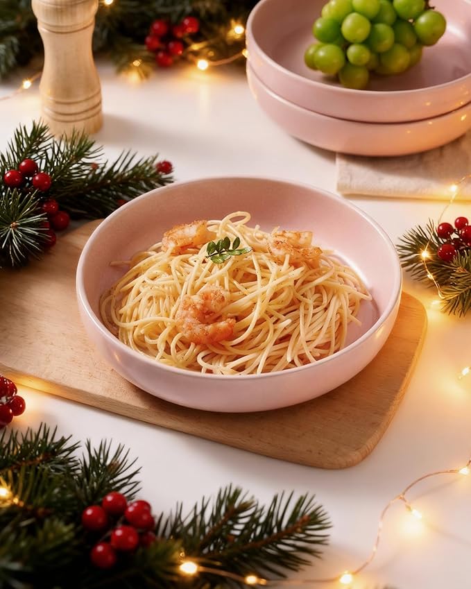 famiware Milkyway Pasta Bowls Set of 4, 8.5" Large Salad Bowls, Double Reactive Glaze, Sturdy & Stackable, Ideal for Housewarming, Festivals, Light Pink
