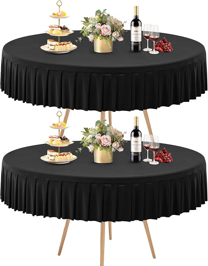 2 Pack Black Spandex Round Tablecloths for 60 Inch Tables, Stretchy Fitted 5FT Cloths, Wrinkle-Free Cover With Skirt for Wedding Party Dining Banquet