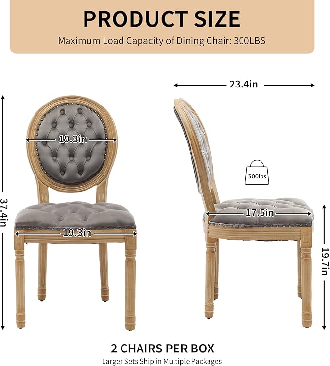 Vintage French Dining Chairs Set of 8, Round Back Velvet Upholstered Accent Chairs with Nailhead Trim and Solid Wood Frame, Elegant Sillas de Comedor for Dining Room & Kitchen, Gray