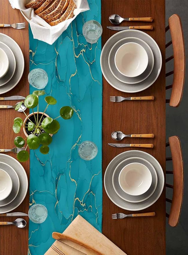 Teal Marble Table Runners 90 Inches Long, Turquoise Marble Crack Table Runner - Image 5