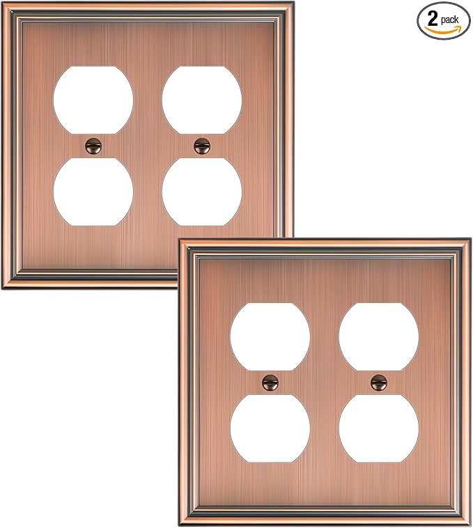 2-Pack Double Duplex Outlet Cover, Antique Copper Switch Plates and Outlet Covers for Electrical Outlets, Durable Zinc Alloy Wall Plates, 2 Gang Receptacle Cover, Corrosion Resistant