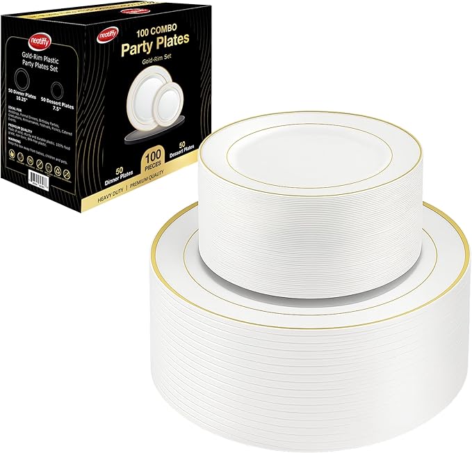 Neatiffy100 Pcs Gold Rim Plastic Dinnerware Set (50 Guest) | 50 x (Dinner Plate, Dessert Plate) | For Wedding, Luxurious Party, Special Event