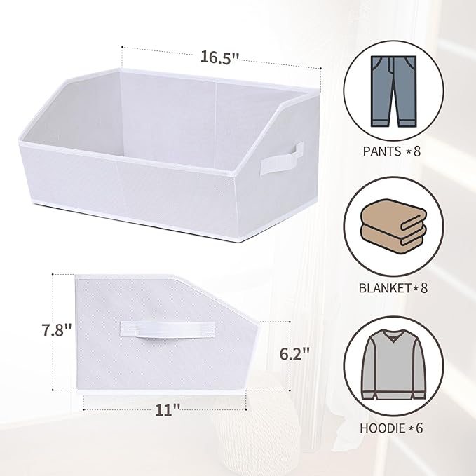 Closet Baskets for Shelves Trapezoid - Decorative Storage Baskets with Handle, Closet Bins for Organization, Shelf Storage Bins for Clothes, Books, Home, Office, 10 Pack, White