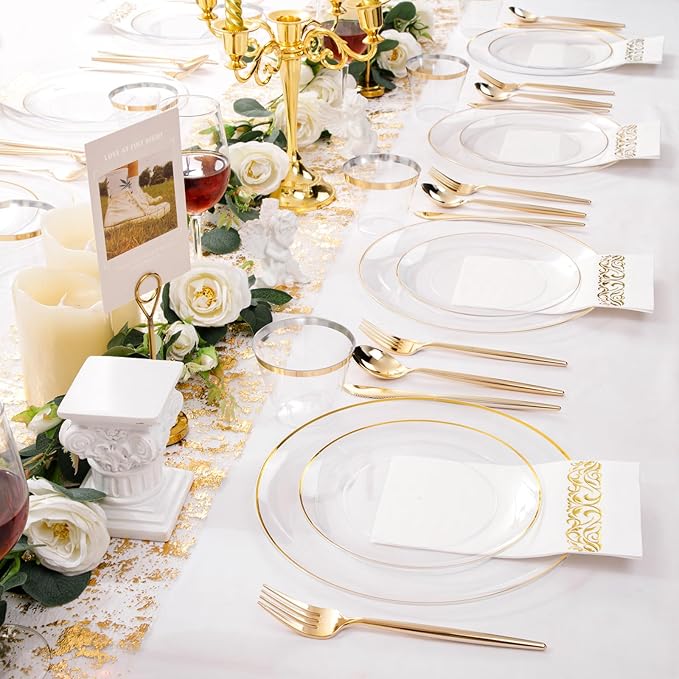 MirthMood 350Pcs Clear and Gold plates,Christmas plates, Plastic Plates for Party Include 50 Dinner,50Dessert Plate,50 Cup&50 Napkins, 150 Gold Silverware for Wedding & Party & Christmas