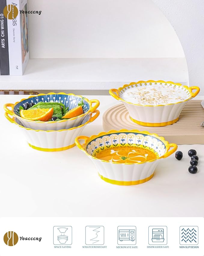 Yeacccng Soup Bowls with Handles, 20 Oz French Onion Soup Bowls Set of 4, Ceramic Soup Bowl for Kitchen, Oven/Microwave Bowls, 6.5 Inch Ceramic Soup Crocks, Cute Bowls, Scratch-Resistant, Lead-Free