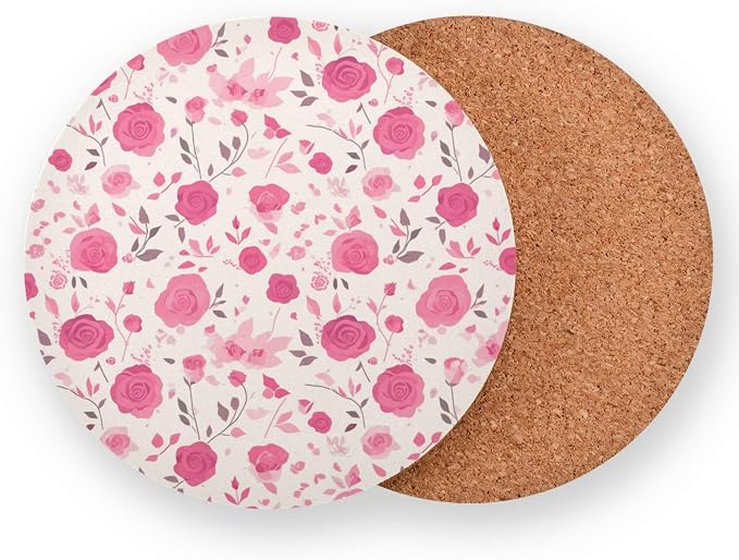 Seamless Pattern Red Roses Absorbent Coasters 4 Piecing Set Cork Base Cups - Image 2