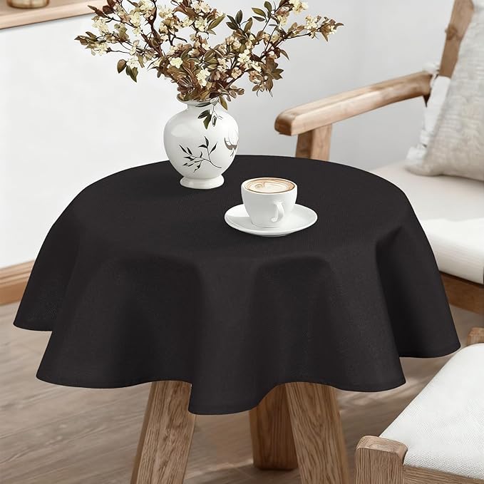 JIUZHEN Round Tablecloth Linen Textured Wrinkle Stain Resistant Farmhouse Table Cloth Decorative Fabric for Kitchen, Dining, Party, Wedding,Outdoor Use,30 Inch Round,Black