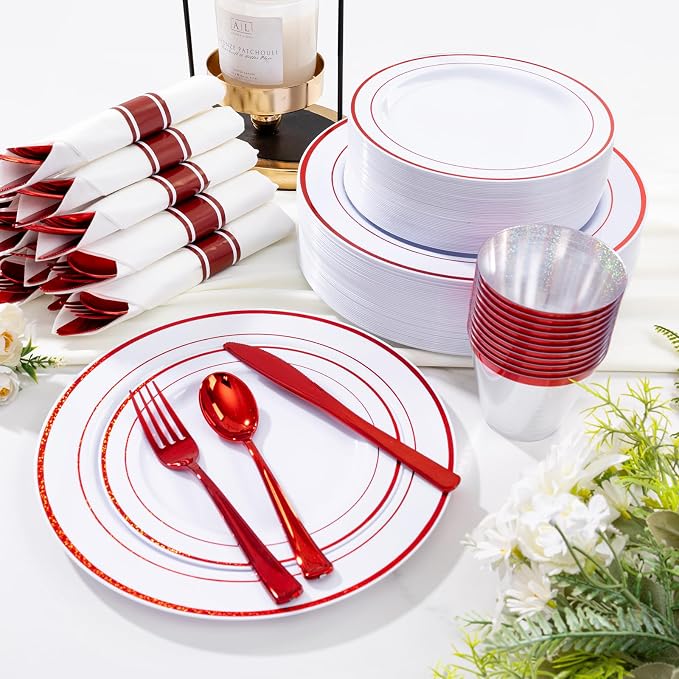 WELLIFE 210 Piece Red Plastic Dinnerware Set, Disposable Plates - Image 5