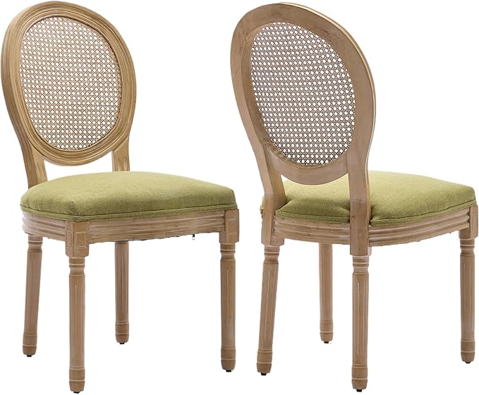 Vintage French Rattan Dining Chairs Set of 2, Round Back Accent Chairs with Rattan Backrest and Upholstered Linen Seat, Solid Frame Wood Sillas de Comedor for Dining Room & Kitchen, Olive Green
