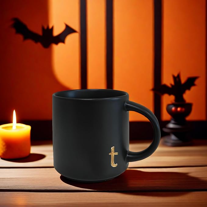 COLLECTIVE HOME Black Ceramic Coffee Mug, 15 oz Golden Monogram Tea Cup | - Image 6