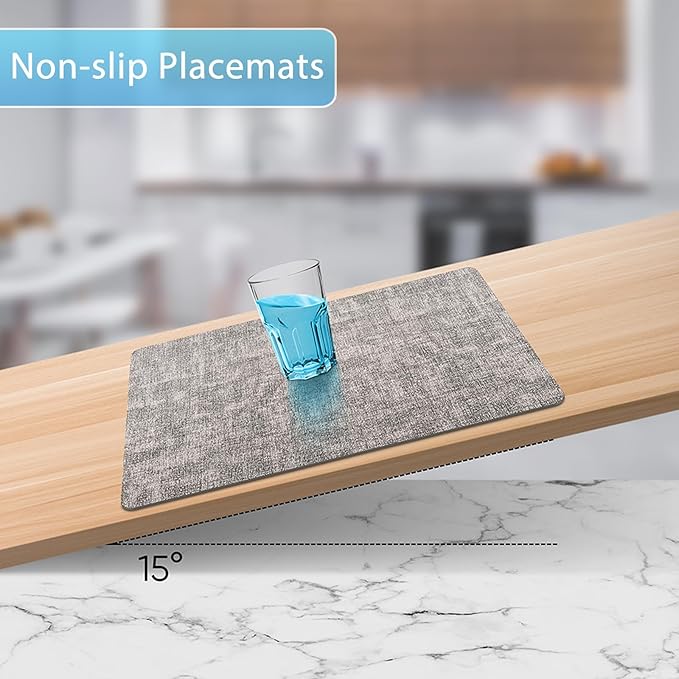 Placemats Set of 4 Washable, Heat Resistant Table Placemats Wipeable Faux Leather Place Mats Non Slip, Waterproof Square Table Mats for Indoor Outdoor, Light Grey