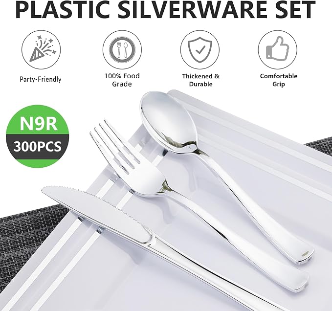 300PCS Silver Plastic Silverware, Disposable Utensils & Cutlery | 100 Forks - Image 4