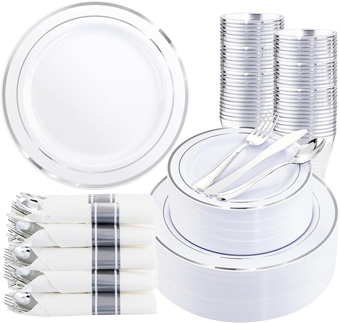 350Piece Silver Plastic Dinnerware Set for 50 Guests - Silver Plastic Plates with Cutlery Include:50Dinner Plates-50Dessert Plates-50Pre Rolled Napkins with Silverware Valentine's Day