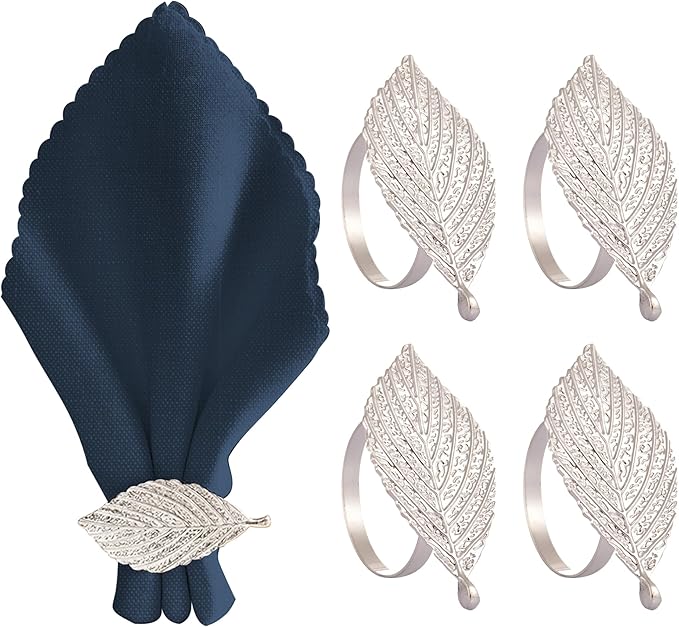 Decozen Set of 4 Silver Napkin Rings in Leaf Design, Festive, Table Decor Setting for Holiday, Wedding, Birthday, Kitchen, Home Decor, Housewarming Gift - Mothers Day Decorations