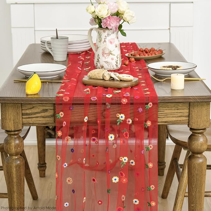 Artoid Mode 3PCS Red Embroidery Daisy Gauze Table Runner 120 Inch 10FT | - Image 2