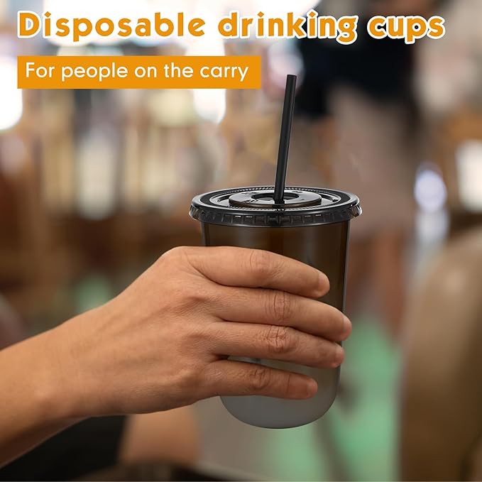 50 Sets Clear Plastic Cups with Lids and Straws, Disposable Iced Coffee Cups Drinking PET for Cold Drinks, Juice, Smoothie, Coffee Shops, Party, Christmas(Black,16 oz)