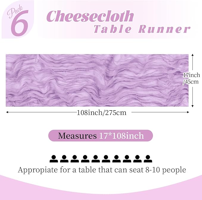 6 Pack Lavender Cheesecloth Table Runner, 17 x 108 Inch, Gauze Cheese Cloth - Image 2