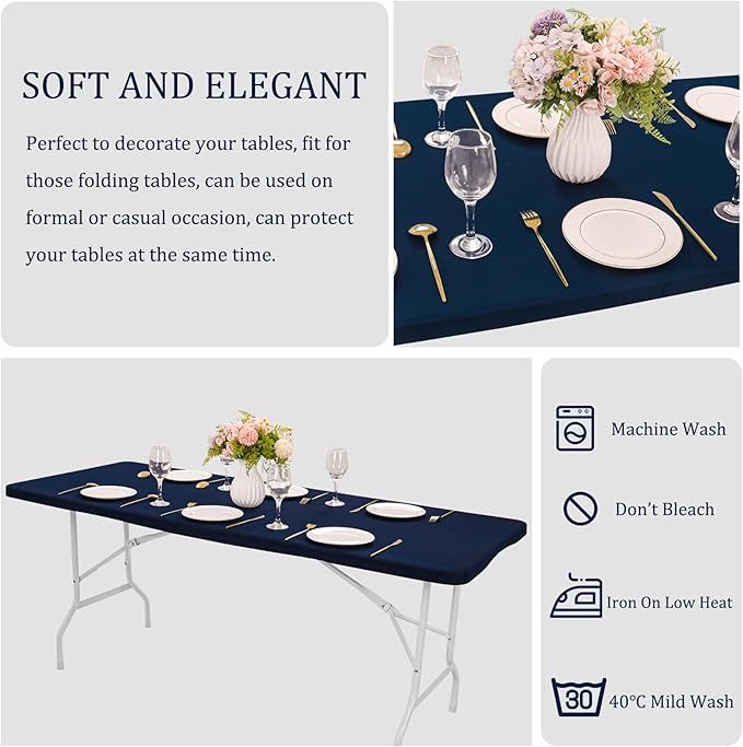 4 Pack Spandex Table Top Cap Cover Stretch Fitted Washable Elastic Rectangle Tablecloth for 6 FT Folding Tables for Indoor Outdoor Party (72 x 30 Inches, Navy Blue)