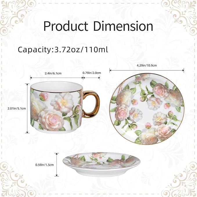 KAMMAK Tea Cups and Saucers Set of 2, Porcelain Coffee Cups, JBE025 | Stackable - Image 2