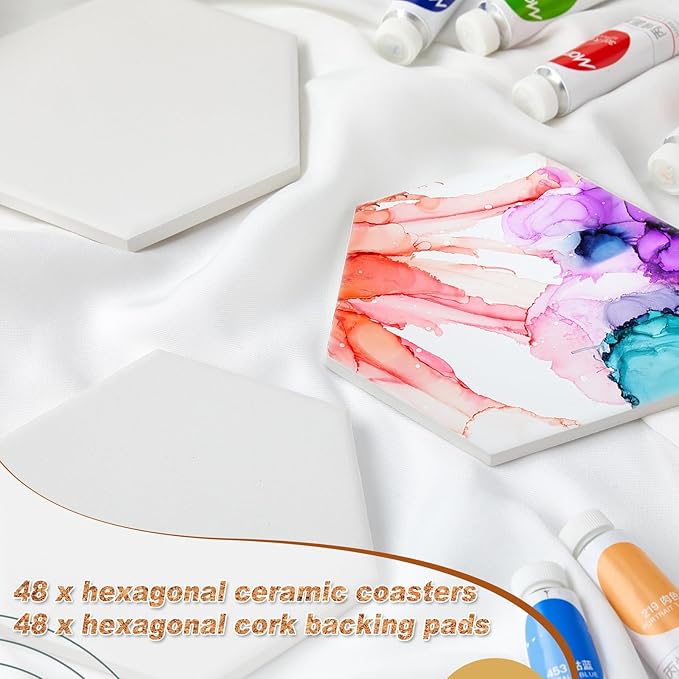 Zopeal 96 Pcs Ceramic Tiles for Crafts Coasters Include Unglazed White Ceramic Tiles with Cork Backing Pads Use with Alcohol Ink Acrylic Pouring for DIY Project Gift (Hexagon)