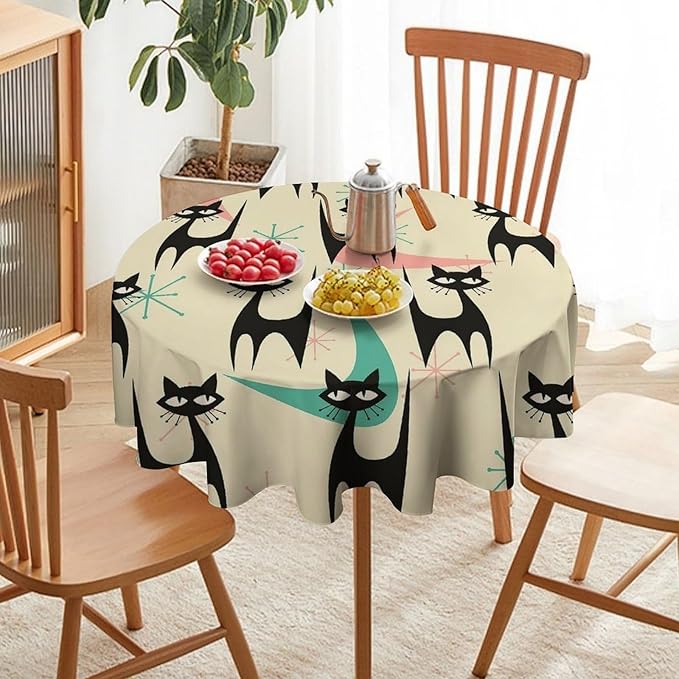Mid Century Colorful Modern Cat Round Tablecloth, Medieval Bohemian Abstract Animal Tablecloth for Home Party Dining Room Kitchen Decor 60Inch(152cm)