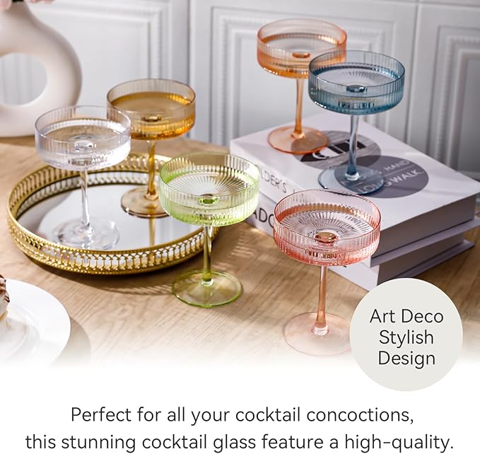 Colored Coupe Glasses Set of 6 Vintage Art Deco Colorful Champagne Coupe glasses 9 oz,Ribbed Martini Cocktail Glasses|Colored Cocktail Glasses Set for Espresso,Martini,Champagne