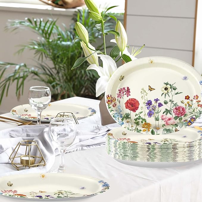 50Pcs Wild Flower Oval Paper Plates 10" x 12" Large Heavy Duty Disposable Fall Vintage Wildflower Platters Autumn Watercolor Floral Dessert Plates for Thanksgiving Dinner Birthday BBQ Party Supplies