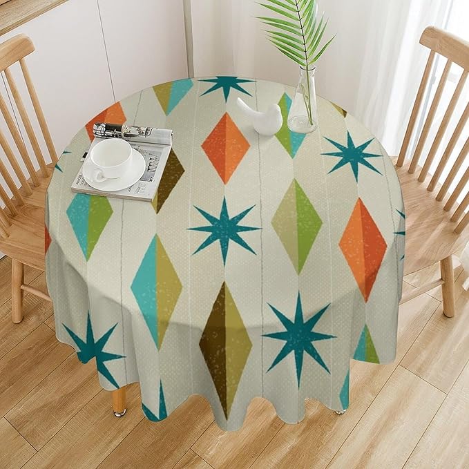 Mid Century Round Tablecloth, Modern Colorful Abstract Geometric Retro Art Printed Tablecloth for Home Party Dining Room Kitchen Decor 60Inch(152cm)