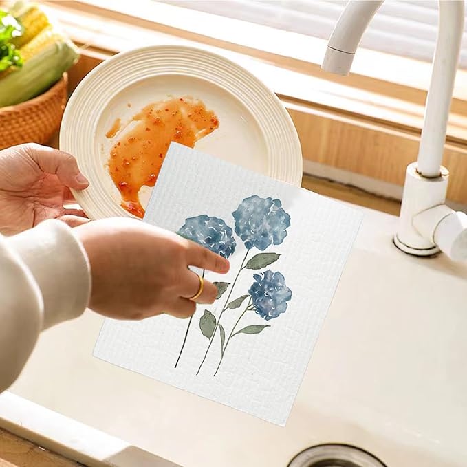 Spring Floral Swedish Dishcloths for Kitchen, Swedish Dish Cleaning Cloths for Flowers, Papaya Reusable Paper Towels, 4 Pack Dish Towels for Kitchen, Reusable Paper Dishcloths Washable