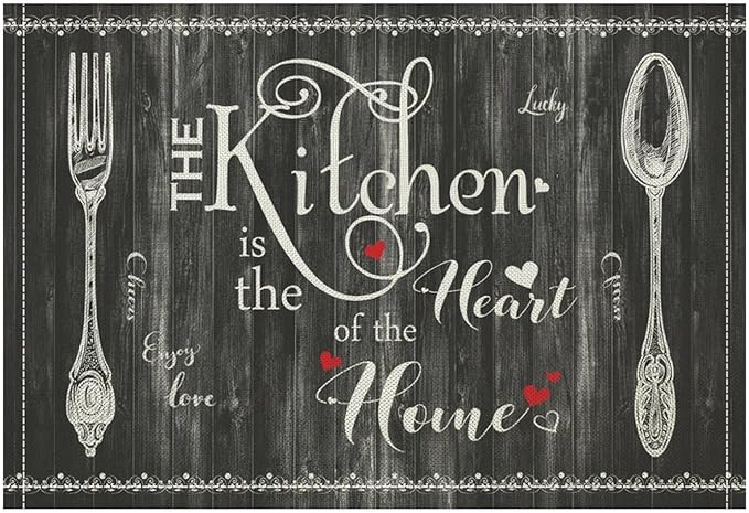 Vintage Farmhouse Placemat Set, Minimal Black White Rural Plank Art Sketch Cutlery Knife Fork Inspirational Quotes Pattern Home Decor Linen Table Mats for Dining Room Kitchen Party (17x12in) x4P