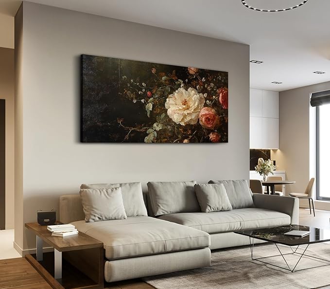 ADJUVANT Wall Art Vintage Peony And Rose Bouquet 60"L x 30"W, White Peony With Pink Roses Canvas Painting Elegant Floral Artwork Prints Botanic Wall Decor for Living Room Bedroom Dining Room Home Office